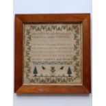 A Victorian silkwork sampler – Ann Millard, Aged 13, 15.5” x 15” - stained.