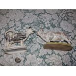 A black & white printed 'Opaque China' Swansea cow creamer and a polychrome delft bull. (2) – a/f