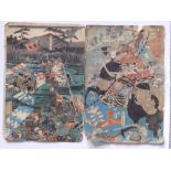 Six unframed 19thC Japanese woodblock colour prints depicting battle scenes, 14” x 9.5” - a/f
