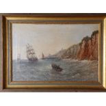 A 19thC oil on canvas – Sailing vessels near harbour, signed 'Stuart(?), 15.5” x 23.5” - old repairs