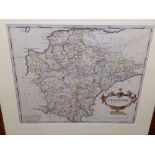 A 17thC coloured map of Devon Shire by Robert Morden in modern frame.