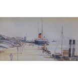 A watercolour depicting the White Star liner RMS Teutonic moored against the Liverpool Landing