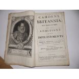 An incomplete Camden's Britannia, 1695 – covers absent, together with five distressed volumes of