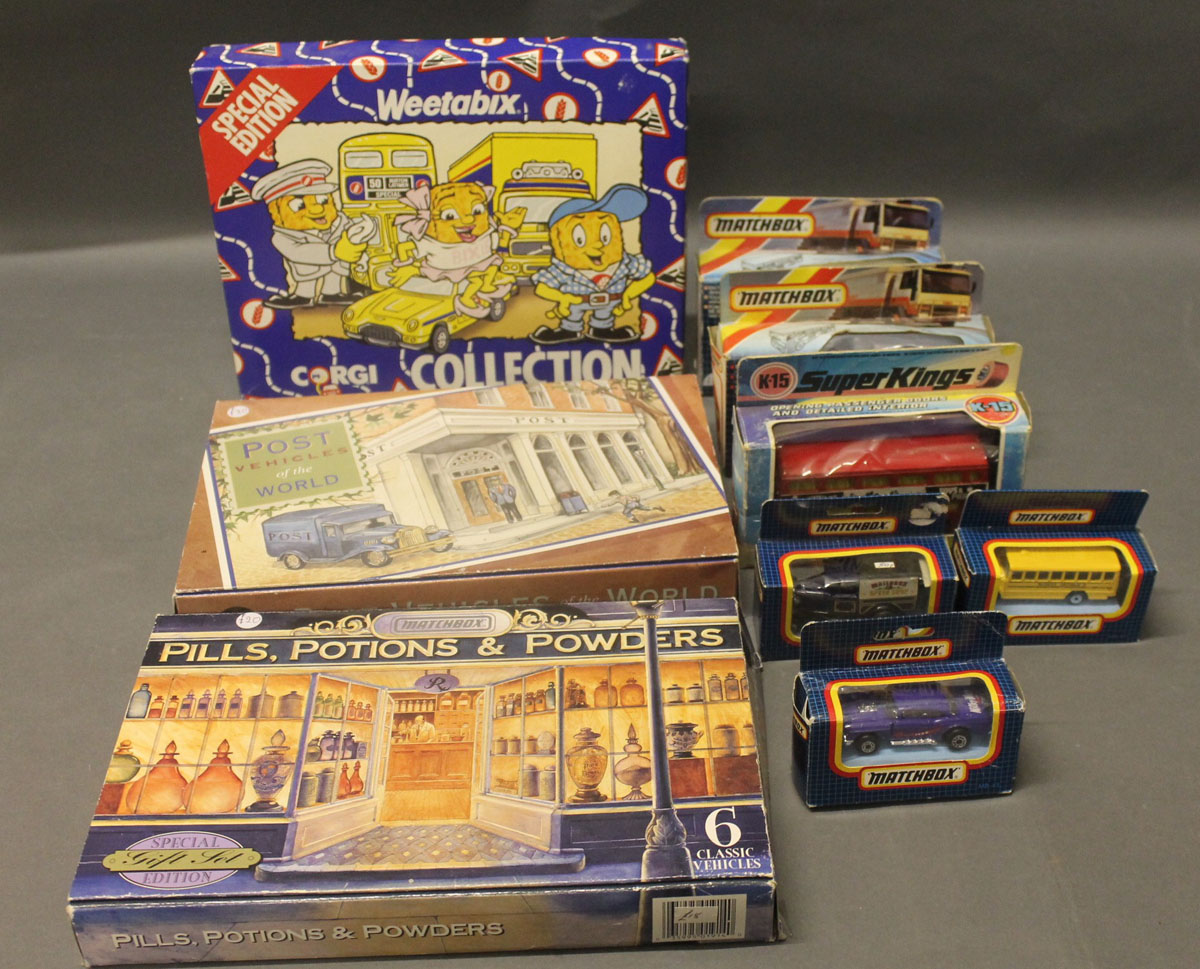 A collection of boxed Matchbox die cast model vehicles including Weetabix Corgi vehicles,