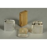 A vintage Dupont cigarette lighter, two cigarette lighters and plated Vesta case.