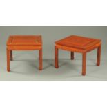 A pair of Chinese hardwood square low tables. Width 51 cm.