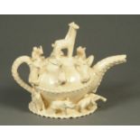 Raphael Njoko, white animal teapot and cover, painted marks,