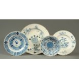 Three English Delftware plates and bowl, all blue and white, including London 1720 shallow bowl,