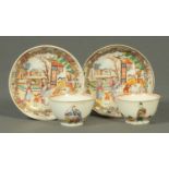 Two late 18th/early 19th century Chinese porcelain tea cups and saucers, polychrome,