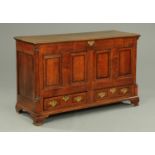 A George III oak mule chest, with moulded edge above four panels,