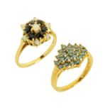 Two 9 ct gold dress rings, sapphire and opal, size N/O, and teal blue diamond, size O.