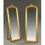 A pair of gilt framed cheval type mirrors. Height 180 cm, width 56 cm.