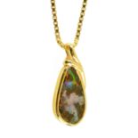 An 18 ct gold pendant, set with opal and with 9 ct gold chain.