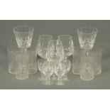 Six Edwardian small tumblers, three Waterford Crystal small brandy goblets,