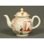 A Worcester "Boy at the Window" teapot and cover, globular form, polychrome,