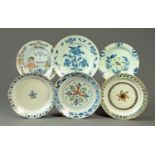 Six 18th century Delftware plates, including Bristol, polychrome, circa 1750, diameter 20.5 cm.