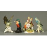 Two Karl Ens bird figures, a kingfisher and a Capodimonte figure group. Tallest 19 cm.