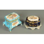 A Sevres style porcelain casket, royal blue, decorated to the lid with musical motifs, length 18 cm,