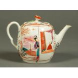 A Worcester "Boy at the Window" teapot and cover, ovoid form, polychrome,