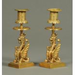 A pair of 19th century brass griffin candlesticks. Height 19 cm.