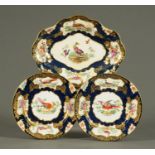 Two Coalport Scale Blue dessert plates and matching comport, (examples of Worcester copies).