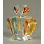 An Art Deco style glass perfume bottle, amber and clear glass. Height 24 cm, width 20 cm.