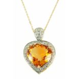 A 14 ct yellow good trillion shaped citrine and diamond cluster pendant,