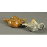 Two Chinese carved hardstone wine pots. Each length 14 cm.