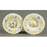 Two London Delft tin glazed earthenware silver shaped dishes, polychrome,