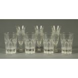 Four heavy Victorian faceted tumblers, and three cut champagne flutes.