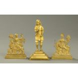 Three gilt bronze fireside ornaments, pair and single. Tallest 16 cm.