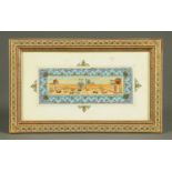 An Islamic watercolour, of a polo match. 8.5 cm x 21 cm, framed.