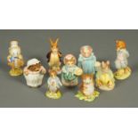 Nine Beatrix Potter figures, all with brown backstamp, "Johnny Town Mouse", "Timmy Willie",