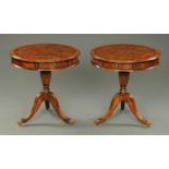 A pair of oak and walnut circular pedestal tables,