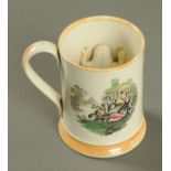 A 19th century Sunderland lustre frog mug, with tinted transfer print to either side. Height 13 cm.