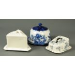 A Victorian blue and white transfer printed stilton dish with cover, and two other cheese dishes.