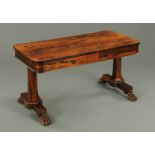 A William IV rosewood library table, with well figured top with rounded corners,