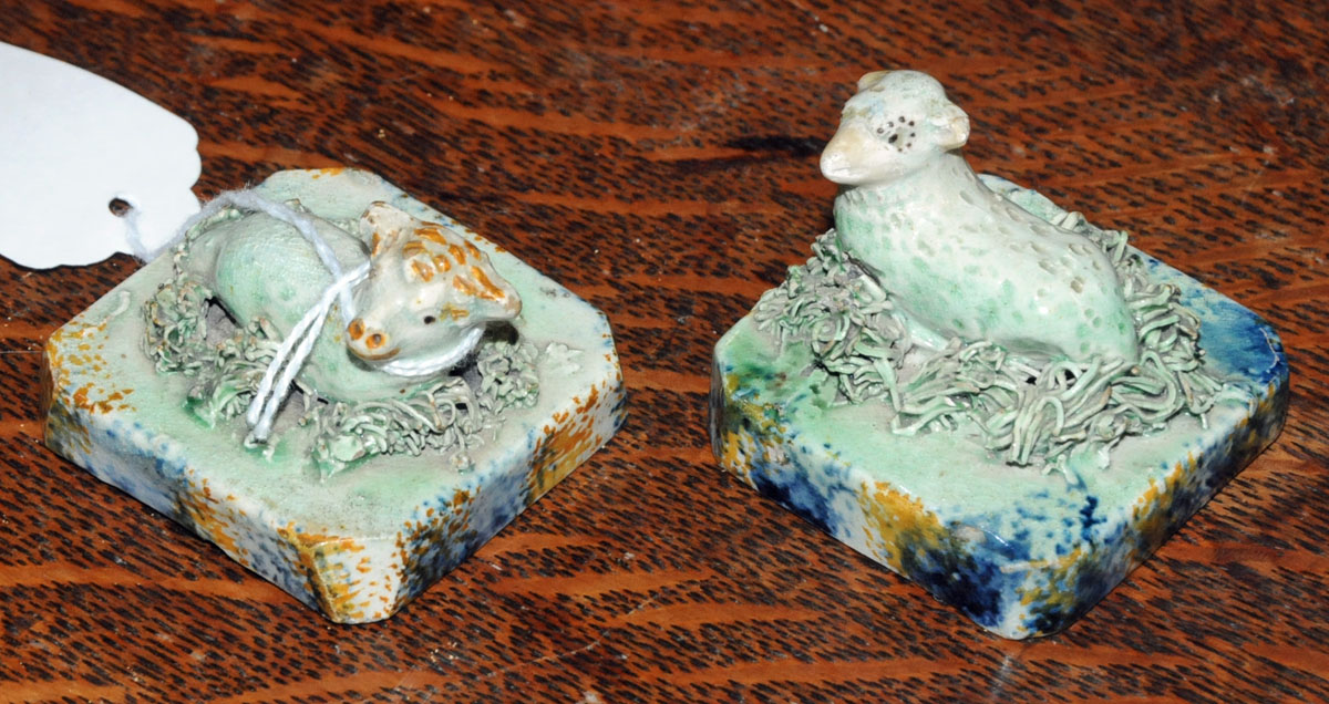 A pair of early 19th century Pearlware recumbent lambs, each bearing "Jonathan Horne" label to base. - Image 2 of 5