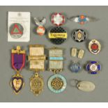 A collection of badges and medals, including Triumph, BSA, Norton, Masonic, etc.