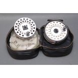 Hardy "The Viscount" 140 trout fly reel, spare spool and pouch, containing trout flies.