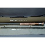 Greys X-Flite trout fly rod, 4 sections, 9' 6", line 8, with hard rod tube.
