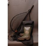 Pair of neoprene waders (7) and extending landing net.