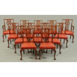 A set of fourteen mahogany Chippendale style dining chairs, two arm and twelve single,