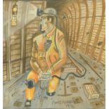 Ron Gribbons, pastel, miner with drill. 60 cm x 60 cm, framed, signed and dated 1976.