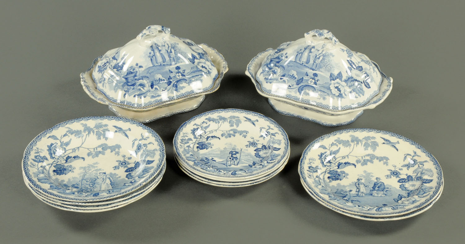 A pair of 19th century blue and white Mandarin pattern opaque china lidded tureens,