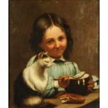 A 19th century oil on canvas, young girl with cat. 19.5 cm x 16.5 cm.