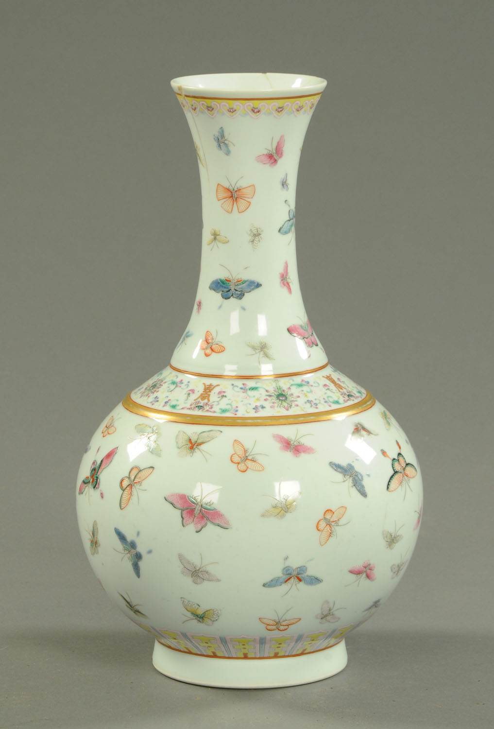 A 19th century Chinese club shaped vase, polychrome,