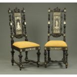 A pair of bone inlaid ebonised armchairs, in the Italian style,