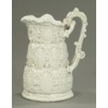 A 19th century salt glazed jug, with National coats of arms. Height 39 cm.