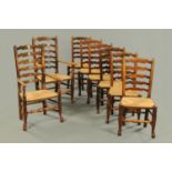 A set of eight 19th century rush seated ladderback chairs,